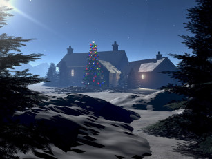 Картинка 3д графика holidays праздники дом зима деревья вечер ель гирлянды