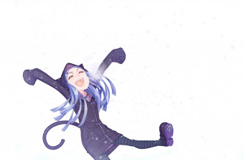 обоя аниме, animals, кошка, снег, хвост, уши, девушка