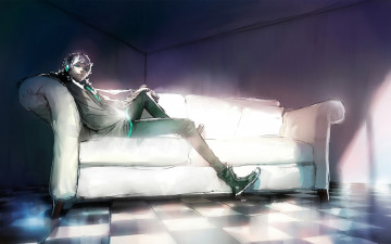Картинка аниме headphones instrumental диван парень наушники комната