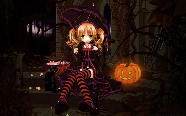 Обои картинки фото аниме, halloween, magic, конфеты, тыква, ночь, кошка, девушка, хелуин
