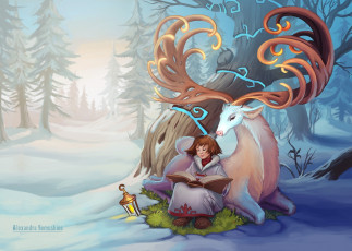 Картинка фэнтези люди животное рога олень фонарь книга девочка зима арт фантастика
