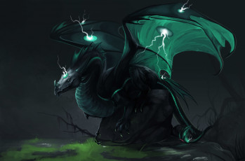 Картинка фэнтези драконы зеленый дракон арт фантастика молнии крылья взгляд
