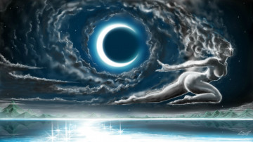 Картинка фэнтези другое лунный свет море вода звезды ночь облака девушка фантастика небо арт