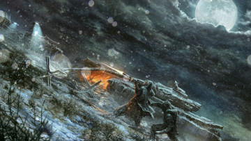 Картинка фэнтези иные+миры +иные+времена снайпер солдат танк нож снег ночь луна