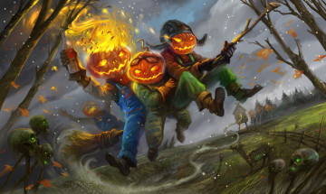 Картинка фэнтези другое арт halloween метла тыквы праздник черепа огонь