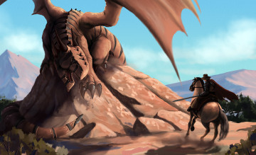 Картинка фэнтези драконы хвост крылья наездник меч воин лошадь дракон
