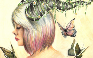 Картинка фэнтези существа цветы art бабочка девушка рога