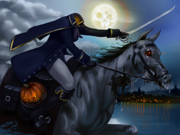 Обои картинки фото фэнтези, нежить, луна, лошадь, головы, без, всадник, ночь, хэллоуин, тыква, мертвец
