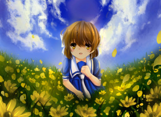 обоя аниме, clannad, okazaki, ushio, луг, девочка, арт, небо, цветы