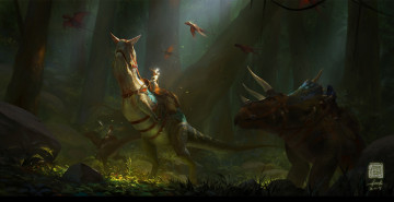 Картинка фэнтези существа арт rider art динозавр dinosaur солнечный луч sunbeam лес forest мгла haze by 6kart всадник fantasy рисунок