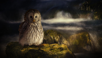 Картинка животные совы ночь сова камень мох ручей течение брызги