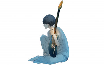 Картинка аниме музыка сидит гитара свет парень