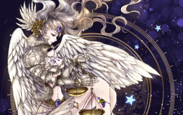 Картинка аниме ангелы +демоны девушка yuki mami звезды крылья весы арт