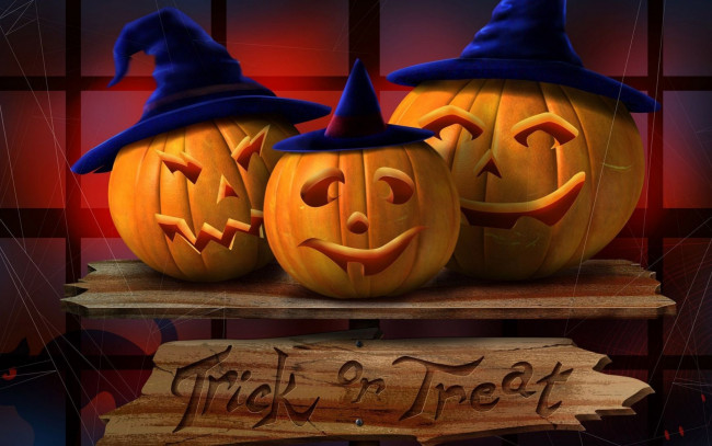Обои картинки фото праздничные, хэллоуин, тыквы, светильник, джека, три, trick-or-treat, halloween, ночь, доски, черный, кот, паутина, шляпа, ведьмы