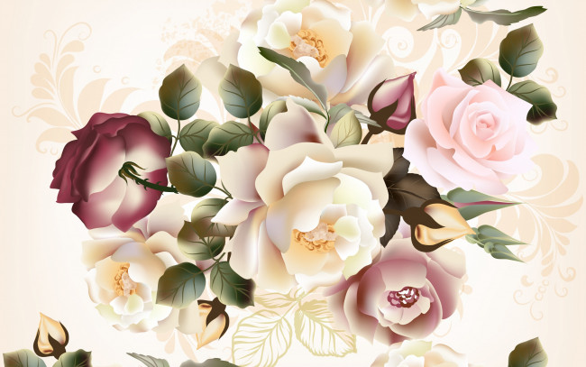 Обои картинки фото векторная графика, цветы , flowers, seamless, бежевый, фон, roses, pattern, цветы