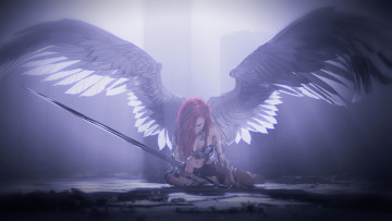 обоя 3д графика, ангел , angel, крылья, меч, фон, девушка