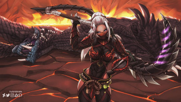 Картинка видео+игры monster+hunter девушка дракон огонь оружие