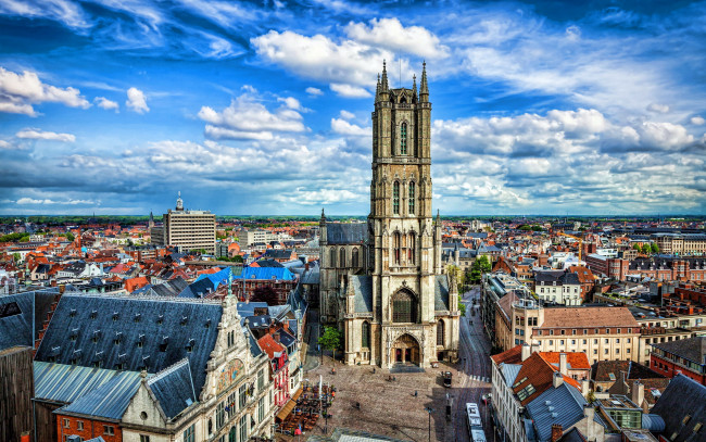 Обои картинки фото города, гент , бельгия, панорама, собор