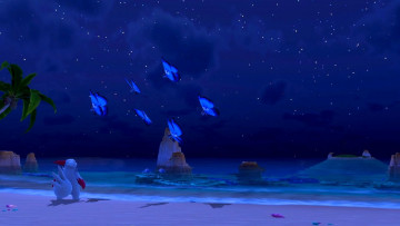 Картинка видео+игры new+pokemon+snap покемон море берег пальма скалы ночь рыбы