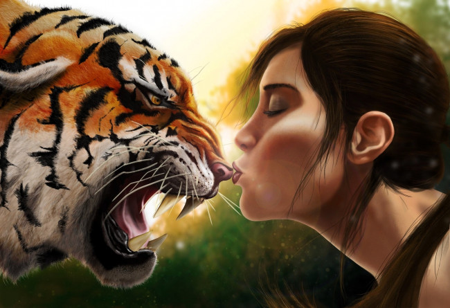 Обои картинки фото рисованное, животные,  тигры, тигр, девушка, головы, поцелуй