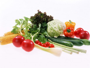Картинка еда овощи болгарский перец помидор брокколи кукуруза имбирь маис цветная капуста красный оранжевый зелёный белый фон