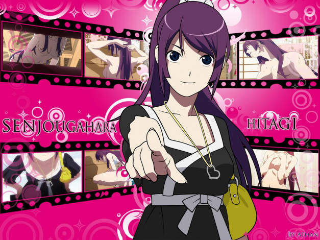 Обои картинки фото аниме, bakemonogatari, senjougahara hitagi, девушка, платье, кулон, сумка