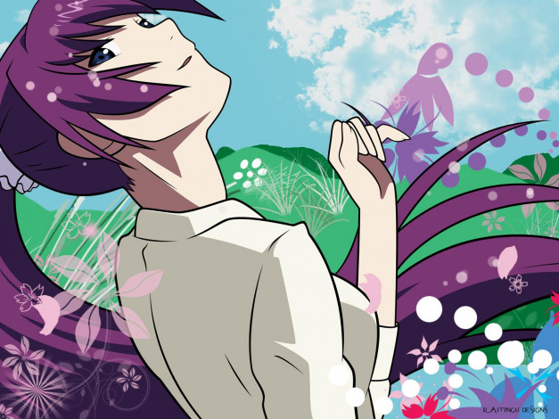 Обои картинки фото аниме, bakemonogatari, senjougahara hitagi, девушка, рубашка, небо, облака, трава