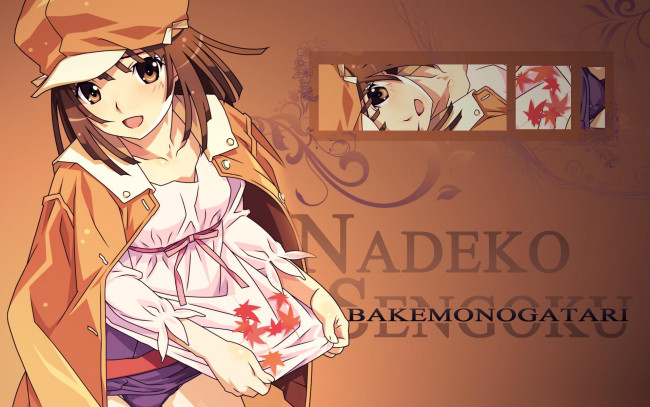 Обои картинки фото аниме, bakemonogatari, sengoku nadeko, шляпа, пиджак, девушка, листья