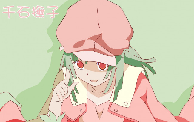 Обои картинки фото аниме, bakemonogatari, sengoku nadeko, шляпа, пиджак, девушка