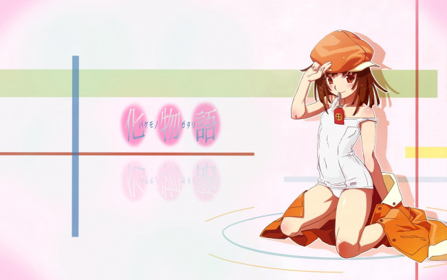 Обои картинки фото аниме, bakemonogatari, sengoku nadeko, шляпа, пиджак, девушка, купальник, оберег