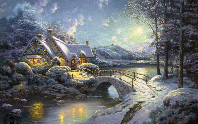 Обои картинки фото thomas, kinkade, рисованные, деревья, зима, река, мост, пейзаж, дом