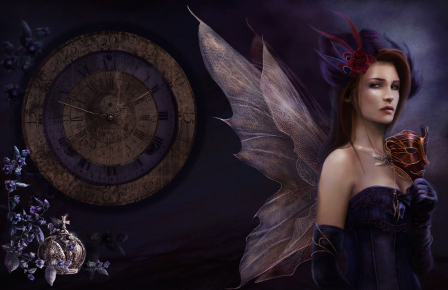 Обои картинки фото фэнтези, феи, девушка, часы, маска, крылья, корона, слёзы
