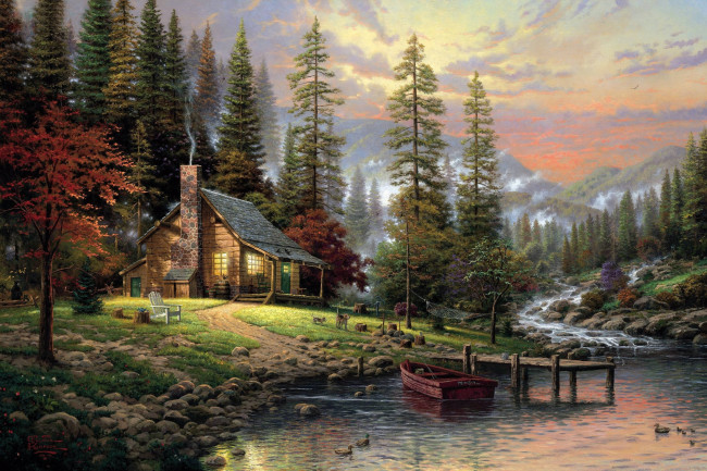 Обои картинки фото thomas, kinkade, рисованные, деревья, дом, лодка, природа, река, горы, пейзаж