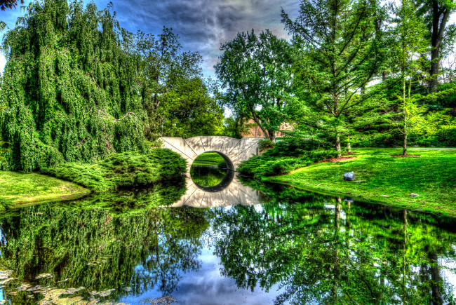 Обои картинки фото природа, парк, трава, луг, река, мостик, деревья