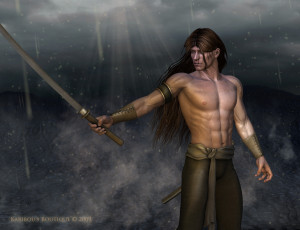 Картинка 3д+графика люди+ people мускулы обнажён торс оружие меч парень воин мужчина