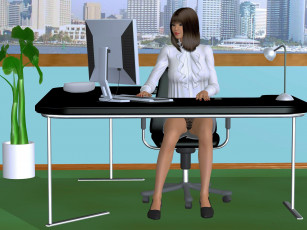 Картинка 3д+графика люди+ people фон взгляд девушка дома город растение ноутбук стол