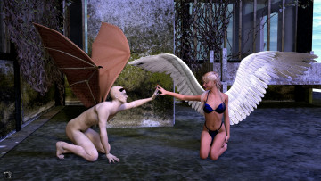 Картинка 3д+графика ангел+ angel крылья ангел фон взгляд девушка демон блондинка