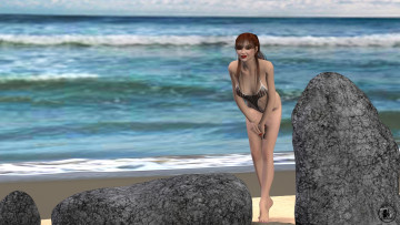 Картинка 3д+графика люди+ people камни купальник фон взгляд девушка волны море