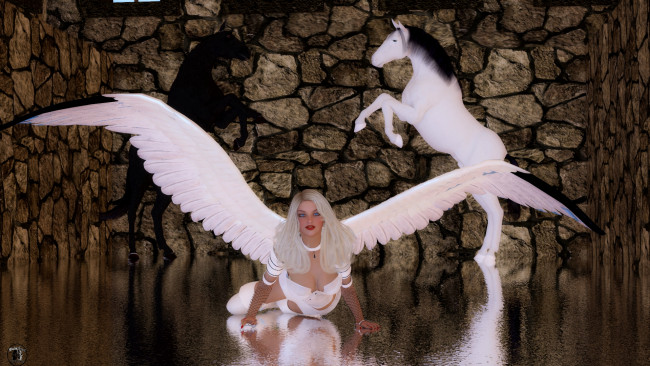 Обои картинки фото 3д графика, ангел , angel, блондинка, лошади, стена, крылья, ангел, фон, взгляд, девушка