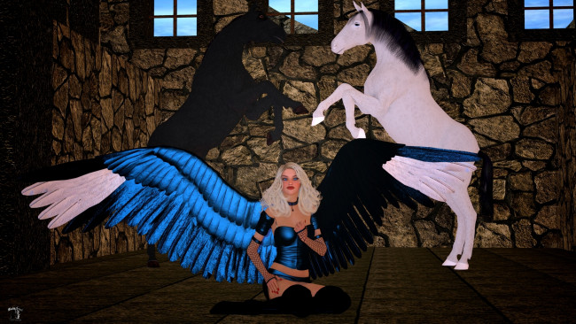 Обои картинки фото 3д графика, ангел , angel, фон, блондинка, взгляд, девушка, крылья, лошади, ангел