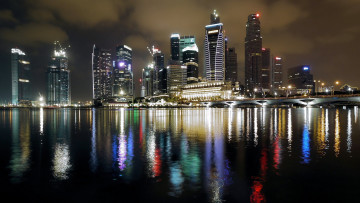 Картинка города сингапур+ сингапур река небоскребы вечер огни отражение