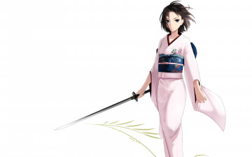 Картинка аниме kara+no+kyokai kara no kyoukai сад грешников ryougi shiki кимоно девушка катана меч светлый фон узор