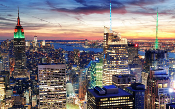 Картинка города нью-йорк+ сша вечер закат небоскребы огни