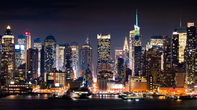 Обои картинки фото города, нью-йорк , сша, ночь, огни, небоскребы