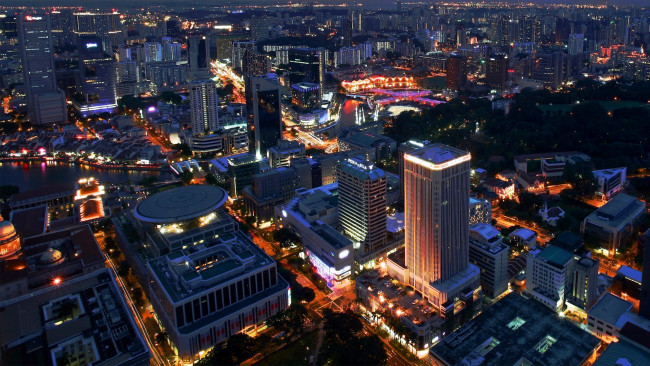 Обои картинки фото города, сингапур , сингапур, панорама, вечер, здания, огни