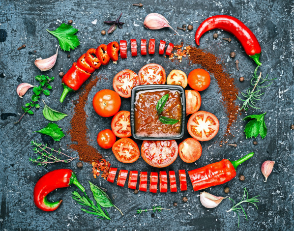 Обои картинки фото еда, овощи, чеснок, перец, помидоры, томаты