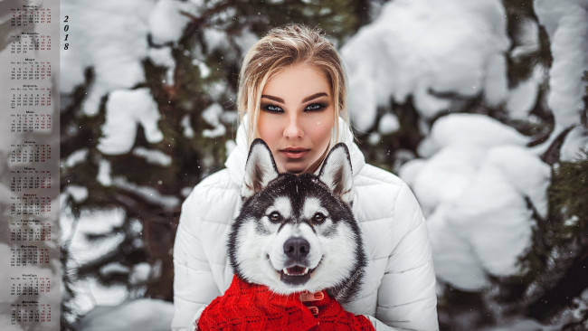 Обои картинки фото календари, девушки, 2018, взгляд, собака, снег, морда