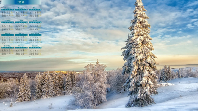 Обои картинки фото календари, природа, 2018, деревья, снег, облака, ель