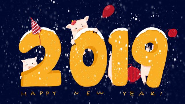 Обои картинки фото праздничные, векторная графика , новый год, 2019, хрюшки, new, year, новый, год, фон, шарики