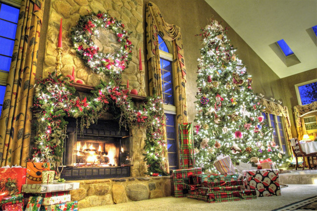 Обои картинки фото праздничные, новогодний очаг, камин, ёлка, украшения, подарки
